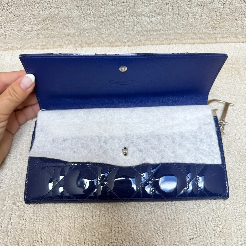 Christian Dior Wallet on Chain in Navy Patent Leather Full Set
